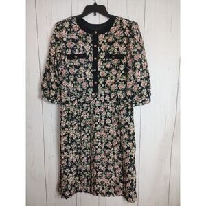 Vintage Dress 14 Large Long Sleeve Pleated Black Pink Flowers Secretary Breli